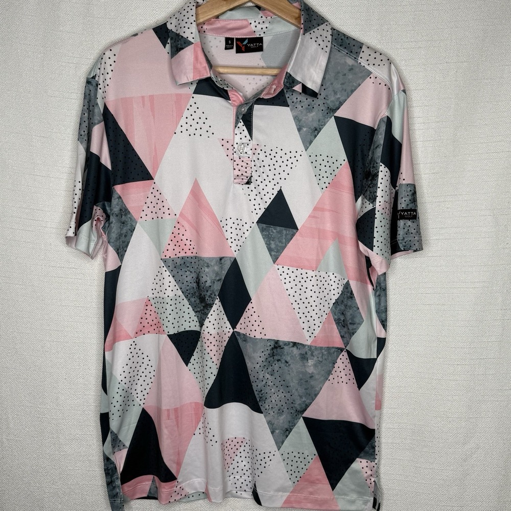 Yatta Golf Polo Shirt Mens‎ SM Abstract Print Colorful Pink Gray White Retro